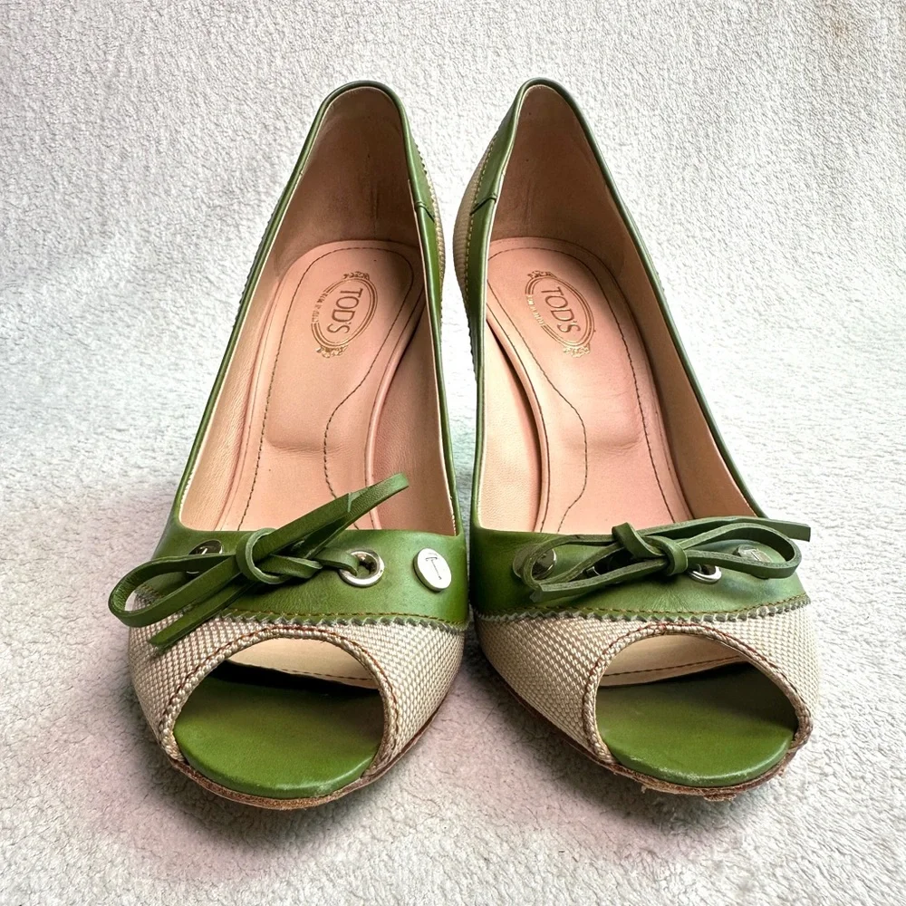 Tod’s Peep‎ Toe Driving Heels Green Canvas Shoes woven Bow 8.5